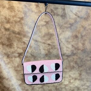 Anthropologie Pink Beaded Shoulder Bag with Black and White Heart Accents